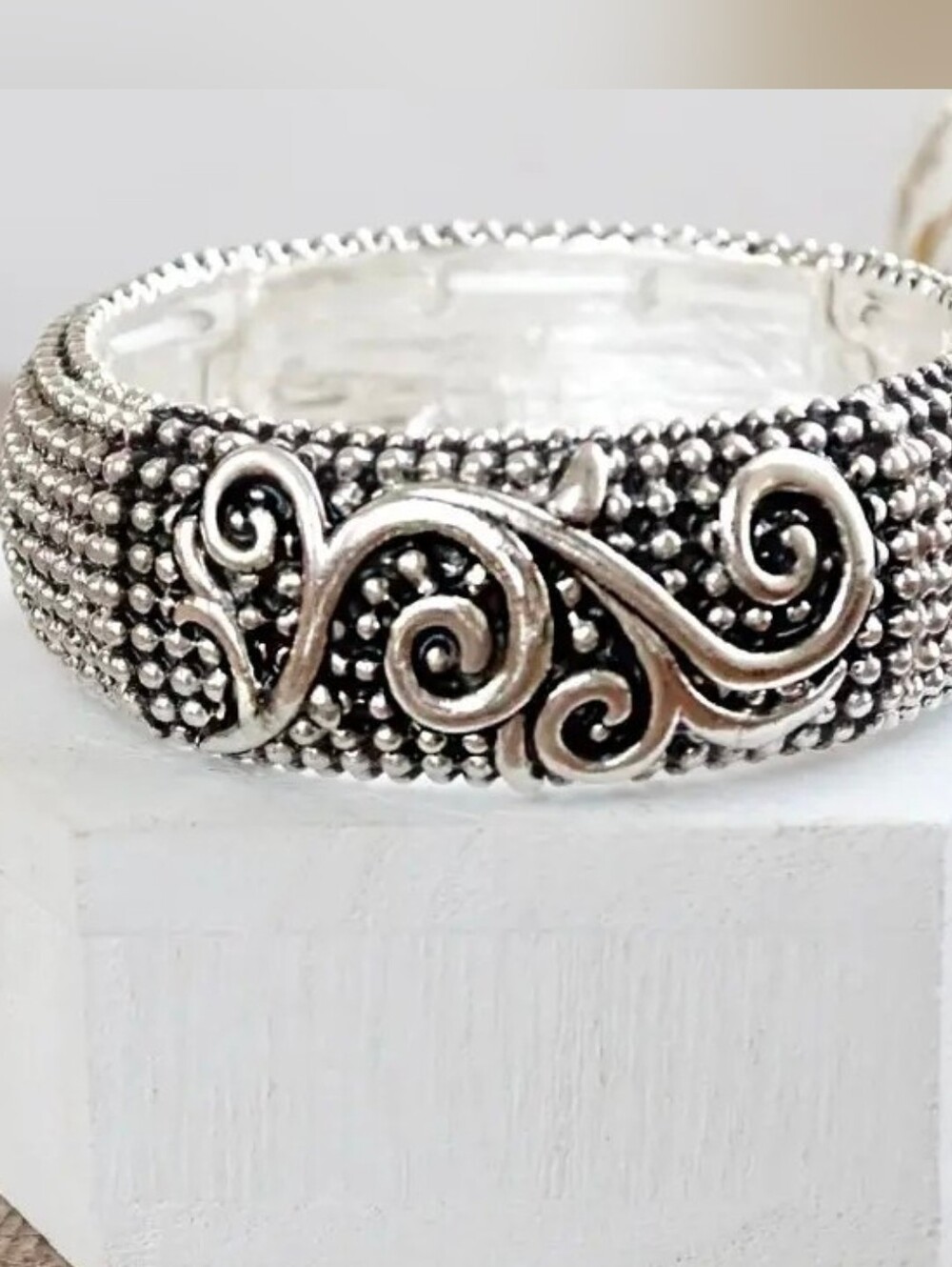 Silver Scrollwork Beaded Stretchy Cuff Bangle Bracelet - Women Jewelry